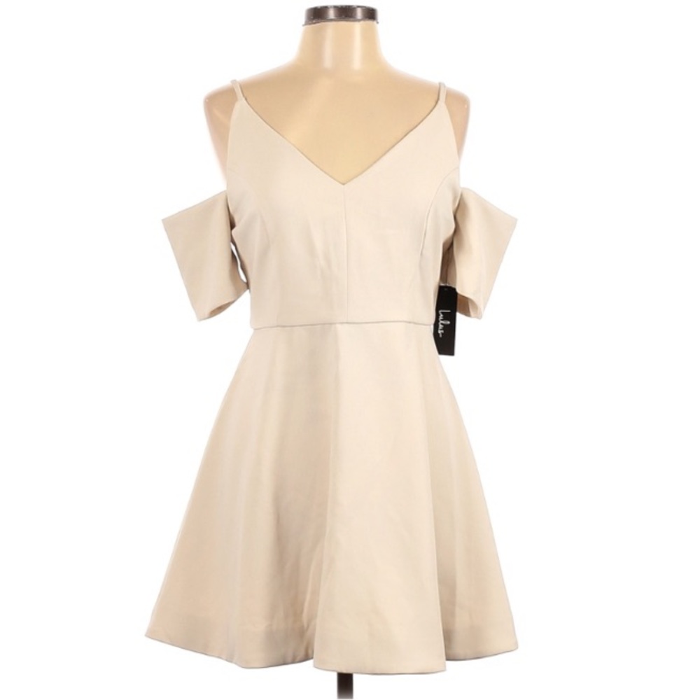 Lulus Cold Shoulder V Neck Mini Cream Skater Dress